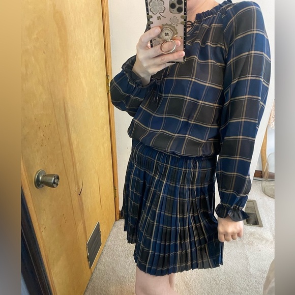 Current Air Los Angeles Prep School Plaid Pleated Long Sleeve Mini Dress - Picture 5 of 10